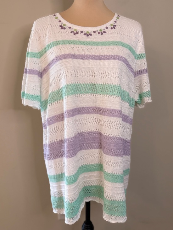 Alfred Dunner Sweaters - Alfred Dunner crochet knit sweater beaded pastel stripes SZ 1X
